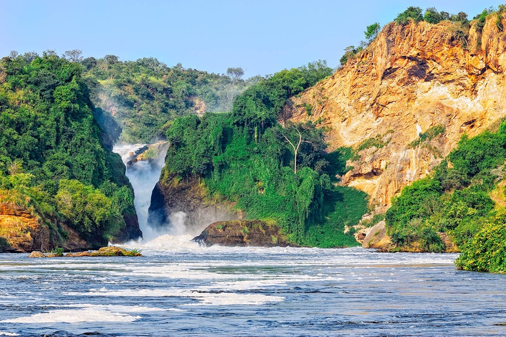 Murchison falls view while on a boat cruise during a Uganda safari tour