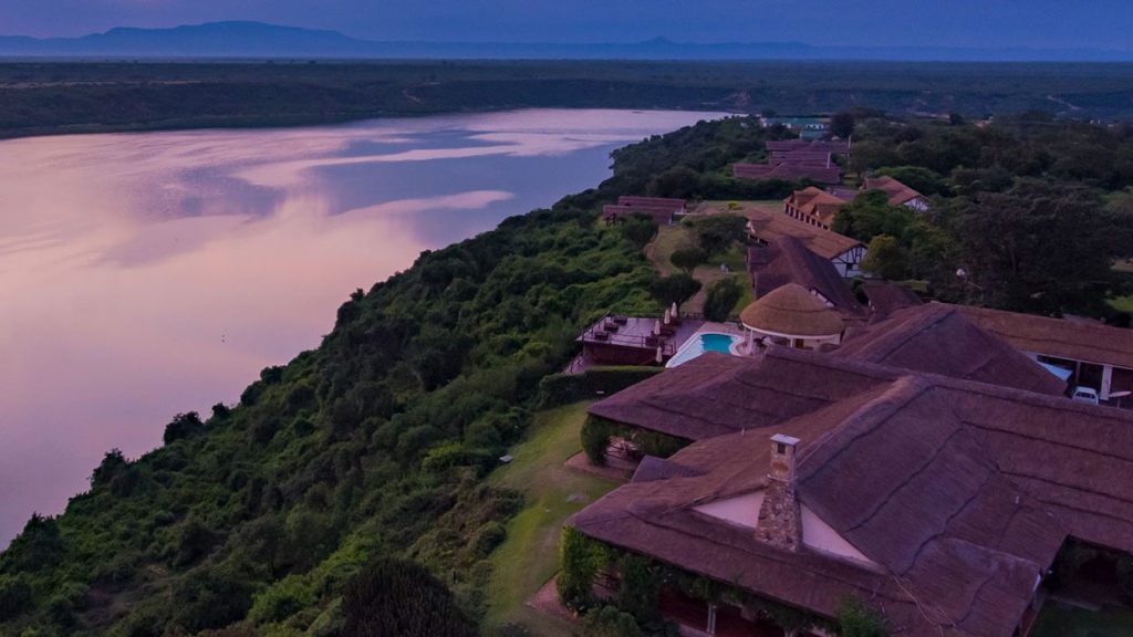 an aerial view of Mweya safari lodge during a Uganda safari tour in Queen Elizabeth national park